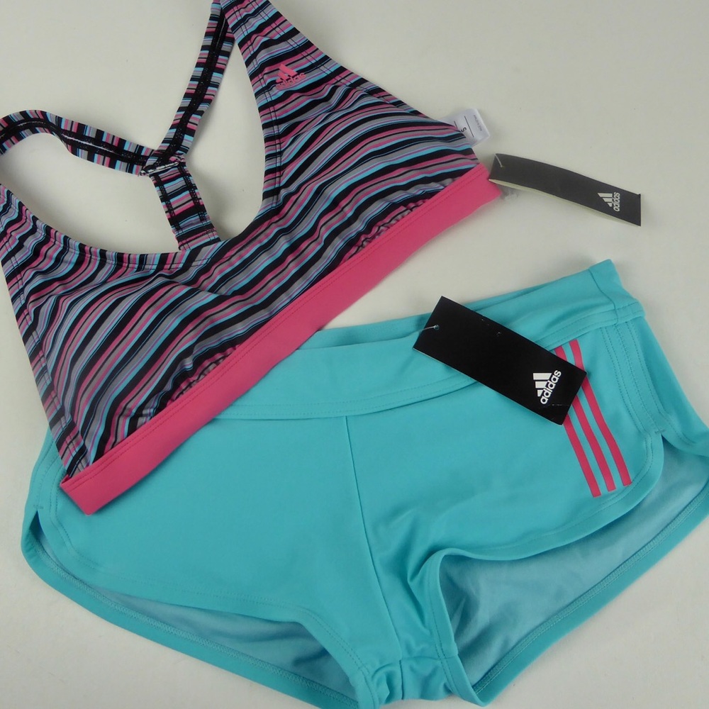 Adidas Pulse Striped Bikini Swim Top & Boy Shorts